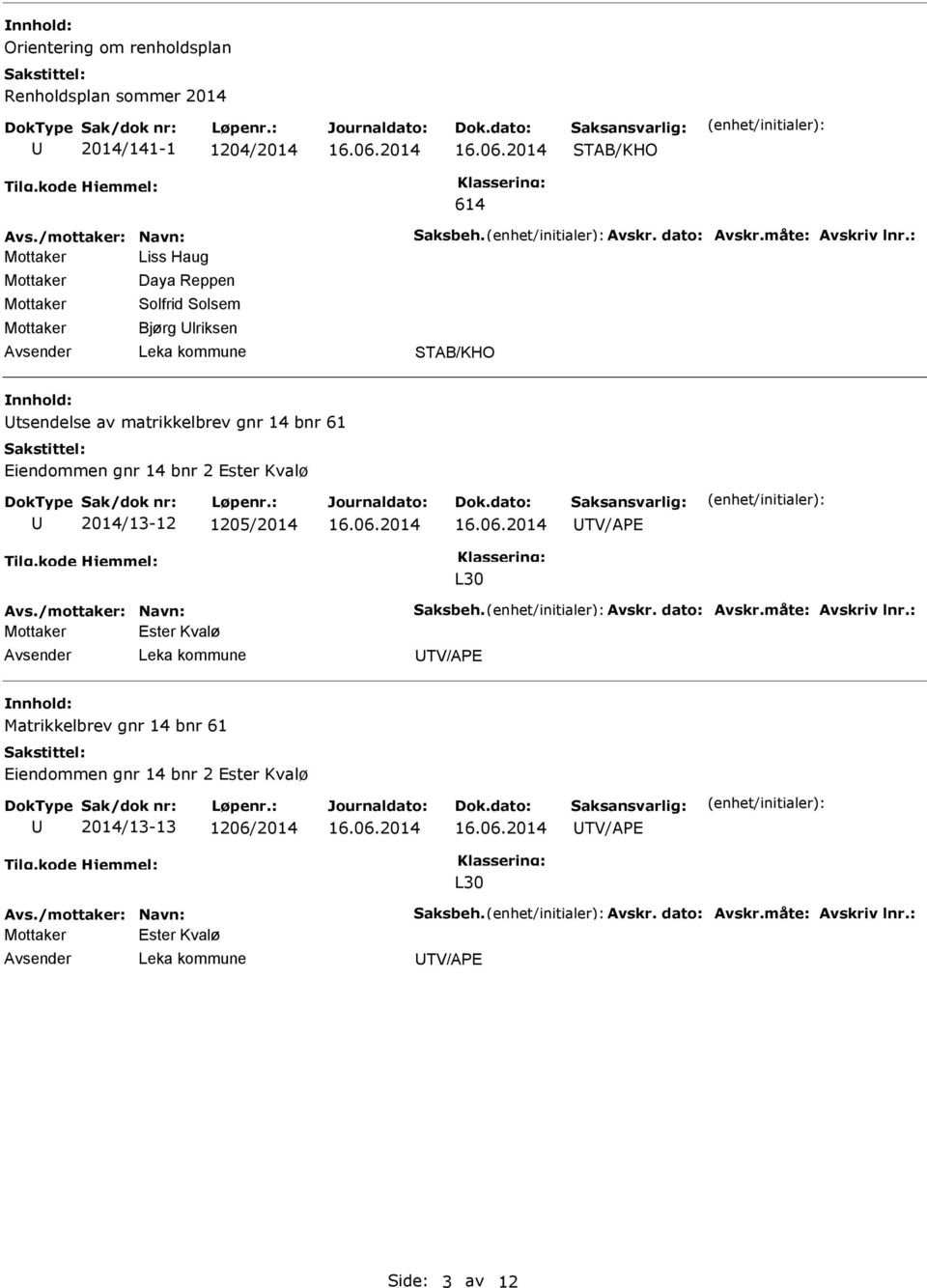 1205/2014 TV/APE L30 Avs./mottaker: Navn: Saksbeh. Avskr. dato: Avskr.måte: Avskriv lnr.