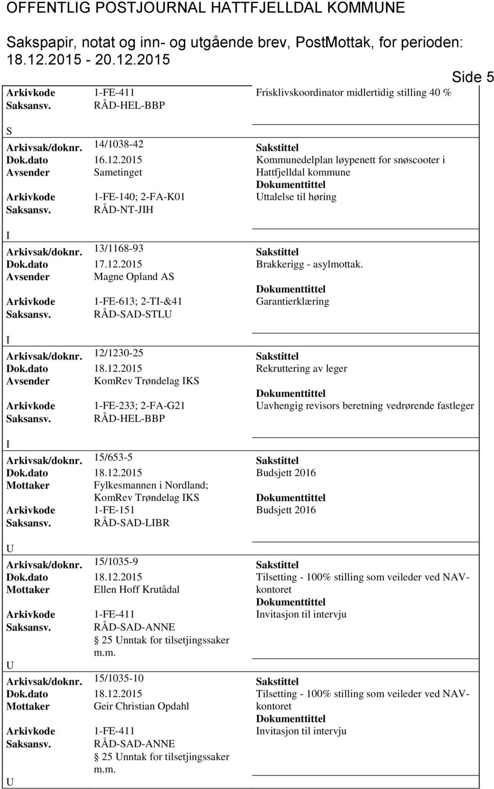 dato 17.12.2015 Brakkerigg - asylmottak. Avsender Magne Opland A Arkivkode 1-FE-613; 2-T-&41 Garantierklæring aksansv. RÅD-AD-TL Arkivsak/doknr. 12/1230-25 akstittel Dok.dato 18.12.2015 Rekruttering av leger Avsender KomRev Trøndelag K Arkivkode 1-FE-233; 2-FA-G21 avhengig revisors beretning vedrørende fastleger Arkivsak/doknr.