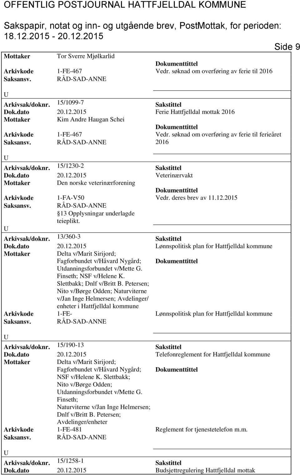 0-2 akstittel Dok.dato 20.12.2015 Veterinærvakt Mottaker Den norske veterinærforening Arkivkode 1-FA-V50 Vedr. deres brev av 11.12.2015 Arkivsak/doknr. 13/360-3 akstittel Dok.dato 20.12.2015 Lønnspolitisk plan for Hattfjelldal kommune Mottaker Delta v/marit irijord; Fagforbundet v/håvard Nygård; tdanningsforbundet v/mette G.