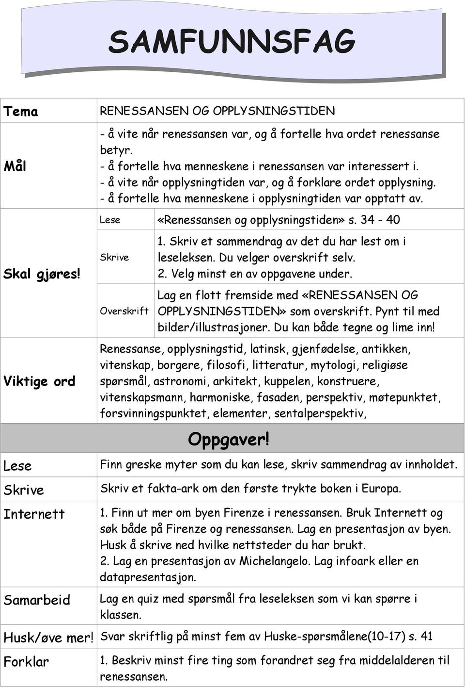 Viktige ord Lese Skrive Internett Samarbeid Lese «Renessansen og opplysningstiden» s. 34-40 Skrive Overskrift 1. Skriv et sammendrag av det du har lest om i leseleksen. Du velger overskrift selv. 2.