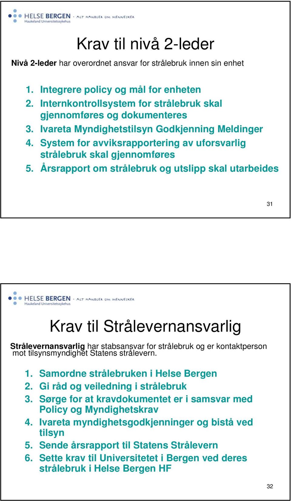 Årsrapport om strålebruk og utslipp skal utarbeides 31 Krav til Strålevernansvarlig Strålevernansvarlig har stabsansvar for strålebruk og er kontaktperson mot tilsynsmyndighet Statens strålevern. 1.