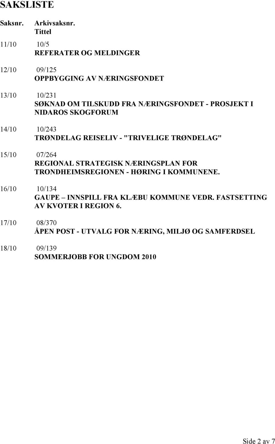 PROSJEKT I NIDAROS SKOGFORUM 14/10 10/243 TRØNDELAG REISELIV - "TRIVELIGE TRØNDELAG" 15/10 07/264 REGIONAL STRATEGISK NÆRINGSPLAN FOR