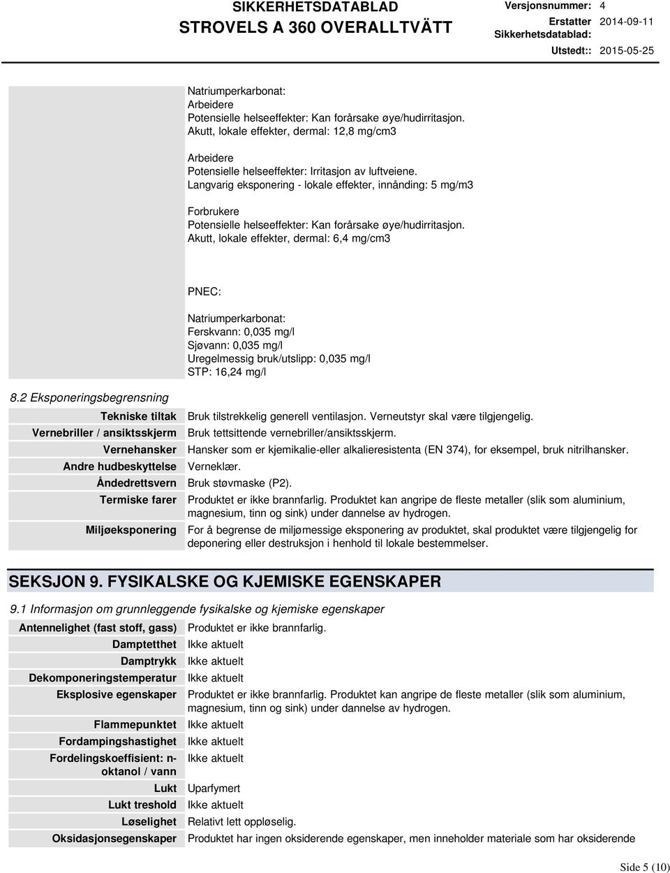 Langvarig eksponering lokale effekter, innånding: 5 mg/m3 Forbrukere Potensielle helseeffekter: Kan forårsake øye/hudirritasjon.