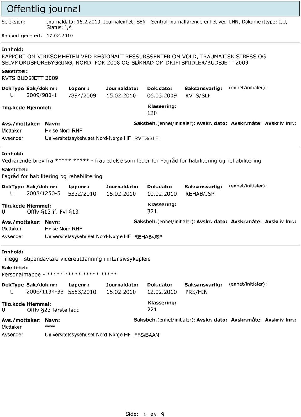 2009 RVTS/SLF 120 Avs./mottaker: Navn: Saksbeh. Avskr. dato: Avskr.måte: Avskriv lnr.