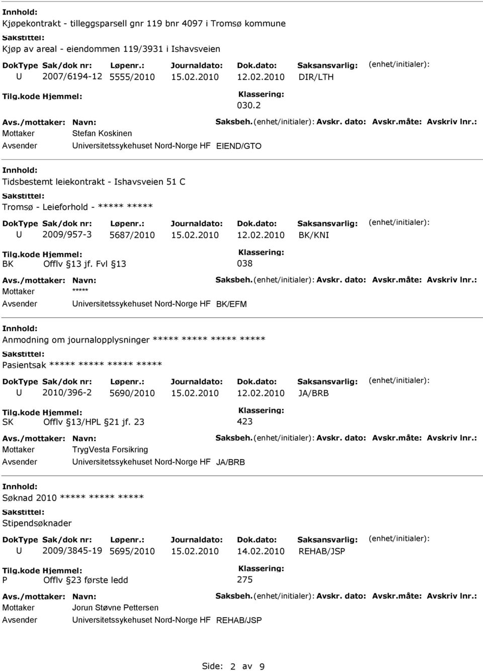 : Mottaker Stefan Koskinen niversitetssykehuset Nord-Norge HF EEND/GTO Tidsbestemt leiekontrakt - shavsveien 51 C Tromsø - Leieforhold - ***** ***** 2009/957-3 5687/2010 BK/KN BK Offlv 13 jf.