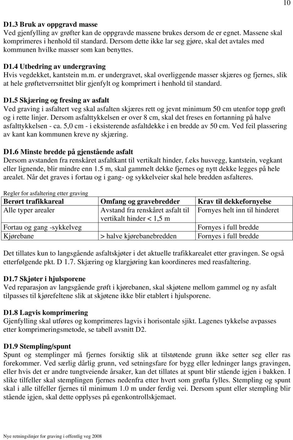 D1.5 Skjæring og fresing av asfalt Ved graving i asfaltert veg skal asfalten skjæres rett og jevnt minimum 50 cm utenfor topp grøft og i rette linjer.