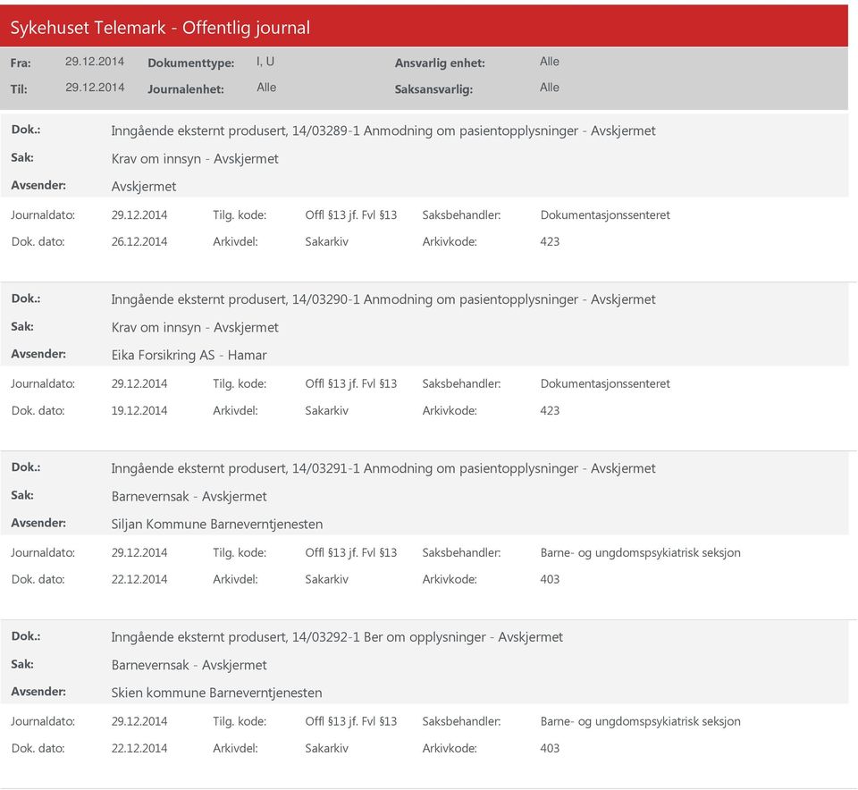 Inngående eksternt produsert, 14/03291-1 Anmodning om pasientopplysninger - Barnevernsak - Siljan Kommune Barneverntjenesten Barne- og