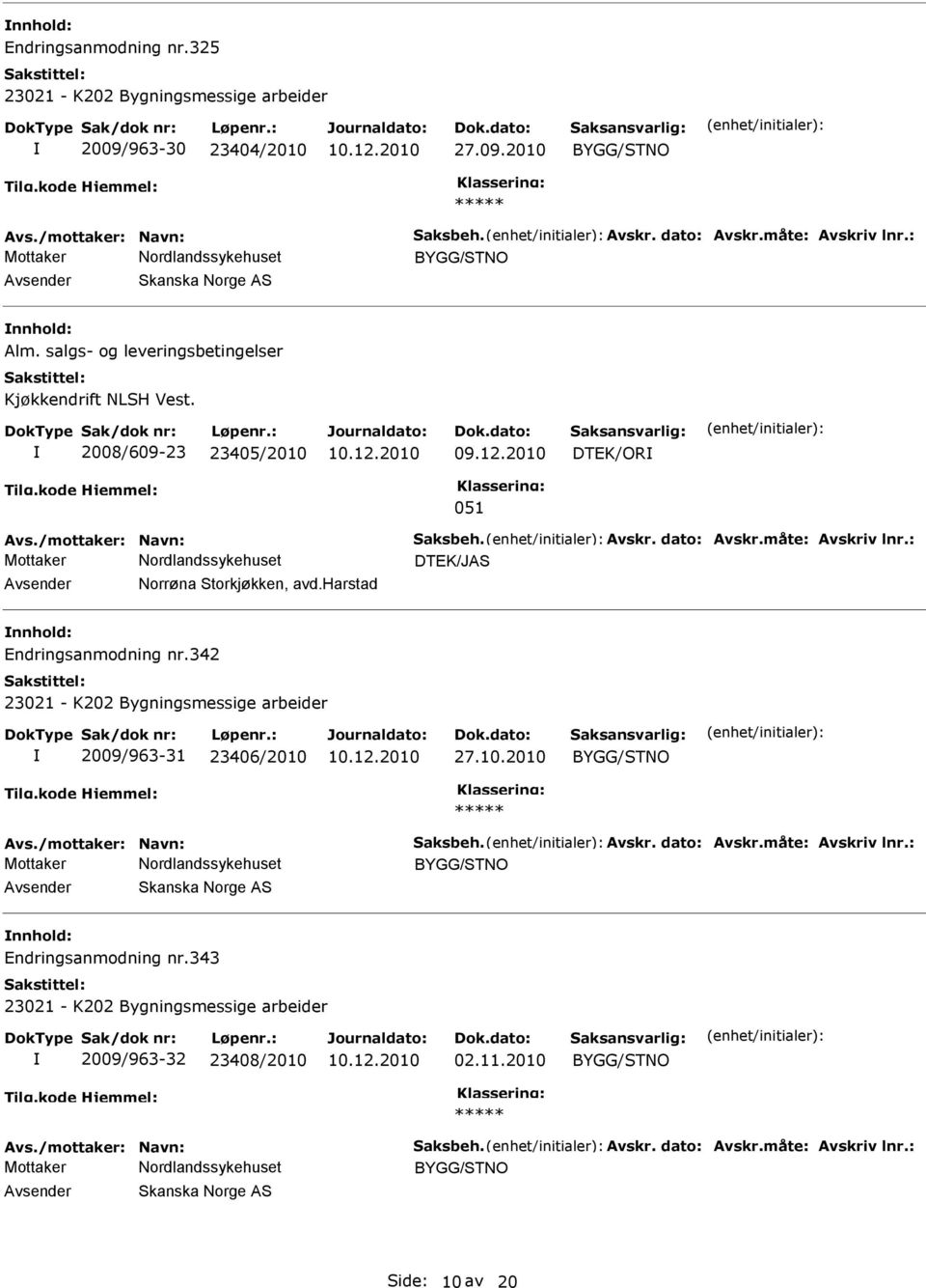 måte: Avskriv lnr.: DTEK/JAS Norrøna Storkjøkken, avd.harstad Endringsanmodning nr.342 2009/963-31 23406/2010 27.10.2010 Avs./mottaker: Navn: Saksbeh. Avskr. dato: Avskr.