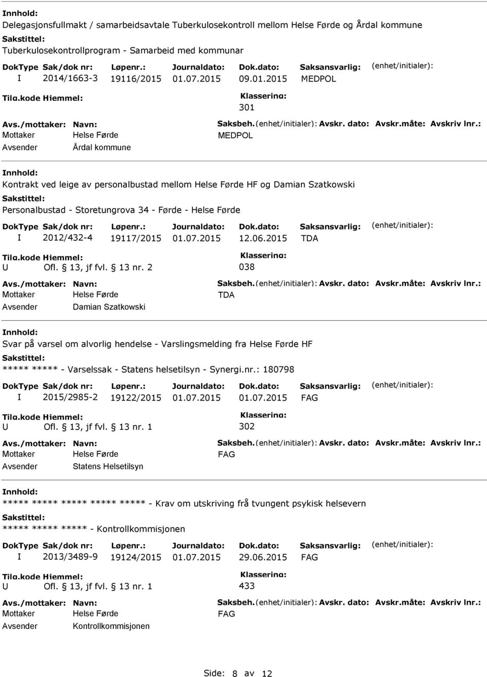 09.01.2015 MEDPOL 301 MEDPOL Årdal kommune Kontrakt ved leige av personalbustad mellom HF og Damian Szatkowski Personalbustad - Storetungrova 34 - Førde - 2012/432-4 19117/2015 12.06.