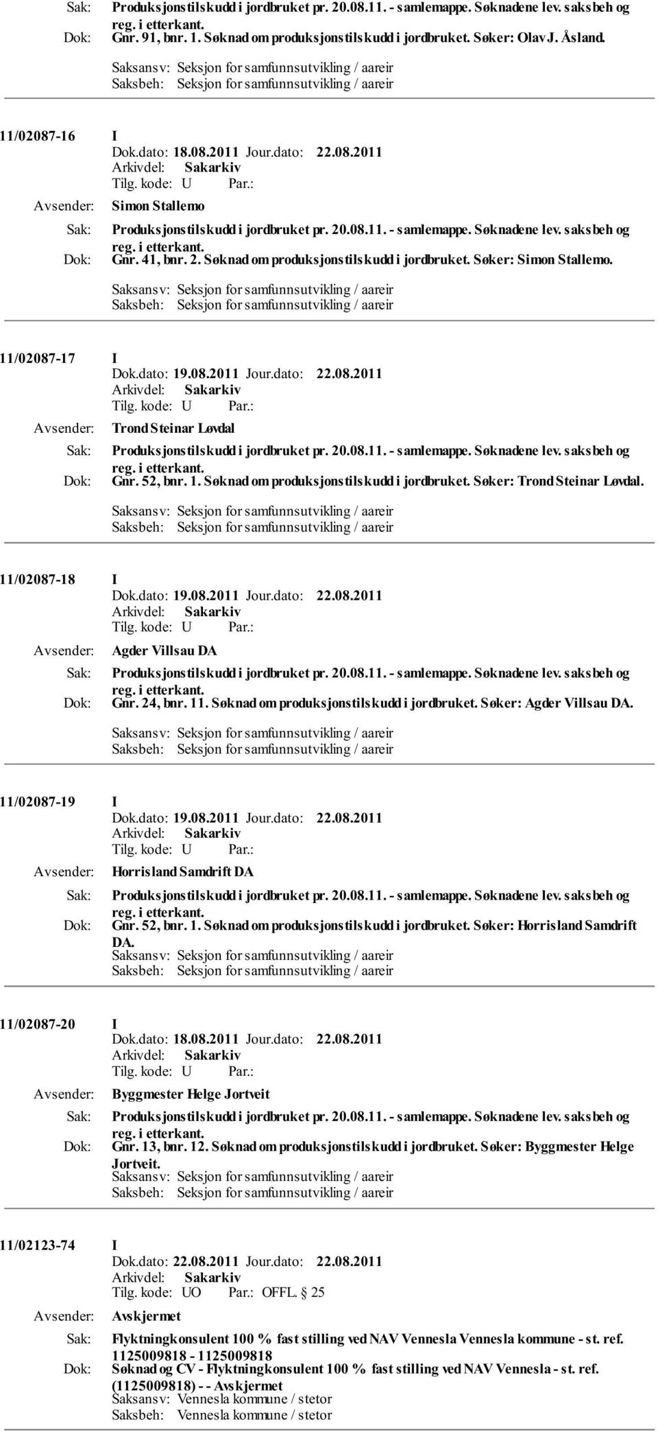 11/02087-19 I Horrisland Samdrift DA Gnr. 52, bnr. 1. Søknad om produksjonstilskudd i jordbruket. Søker: Horrisland Samdrift DA. 11/02087-20 I Byggmester Helge Jortveit Gnr. 13, bnr. 12.