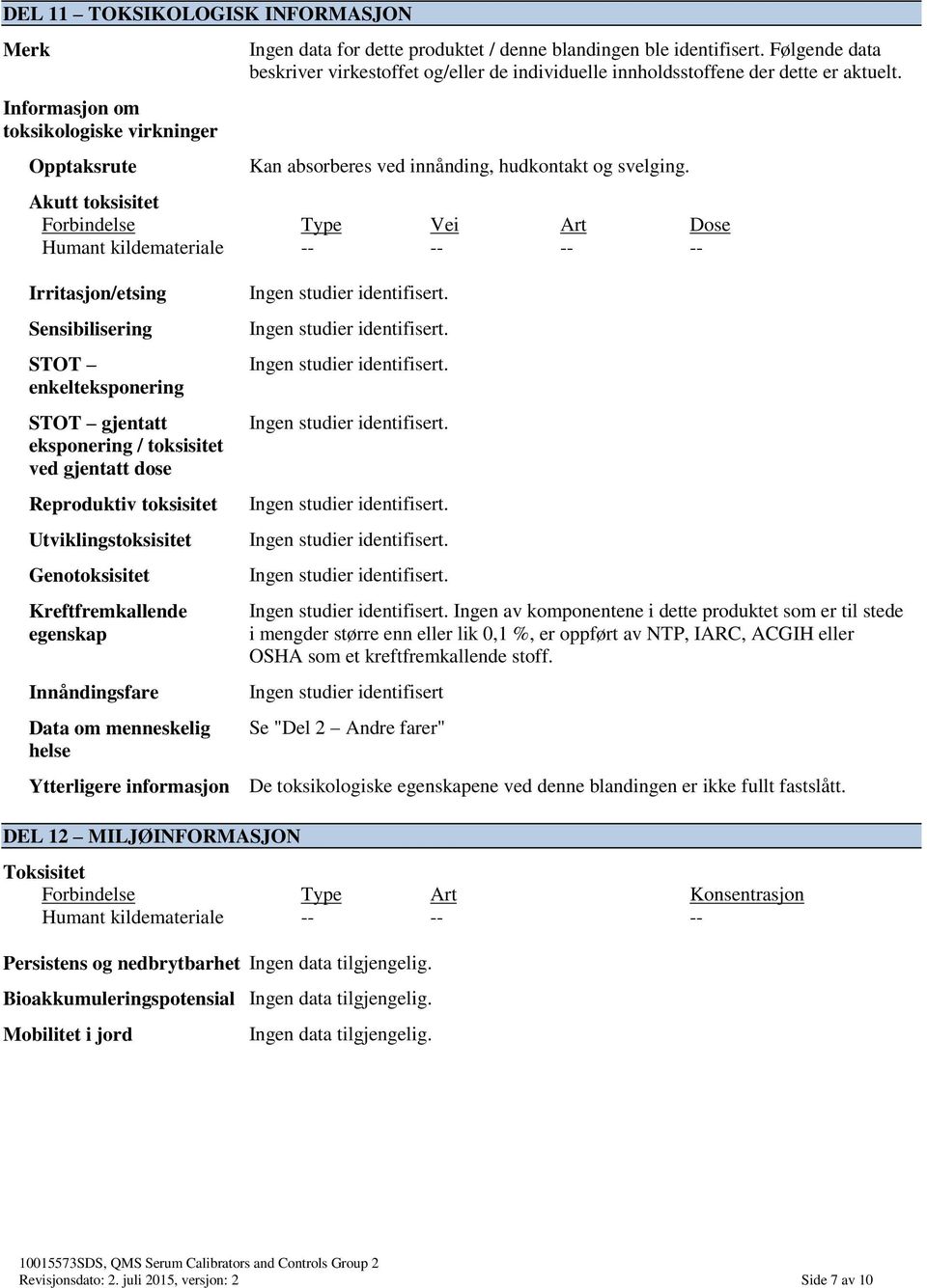 Akutt toksisitet Forbindelse Type Vei Art Dose Humant kildemateriale -- -- -- -- Irritasjon/etsing Sensibilisering STOT enkelteksponering STOT gjentatt eksponering / toksisitet ved gjentatt dose