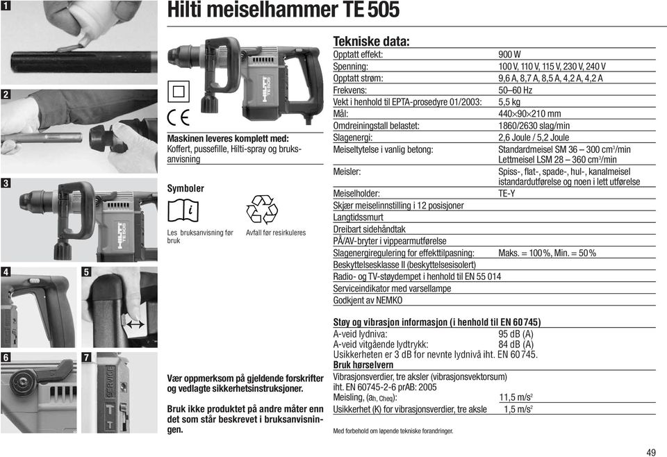 Tekniske data: Opptatt effekt: Spenning: Opptatt strøm: Frekvens: Vekt i henhold til EPTA-prosedyre 01/2003: Mål: Omdreiningstall belastet: Slagenergi: Meiseltytelse i vanlig betong: Meisler: 900 W