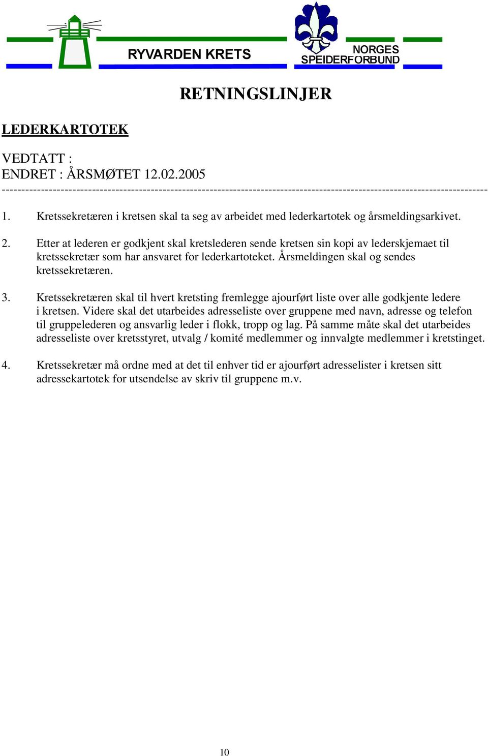 Etter at lederen er godkjent skal kretslederen sende kretsen sin kopi av lederskjemaet til kretssekretær som har ansvaret for lederkartoteket. Årsmeldingen skal og sendes kretssekretæren. 3.