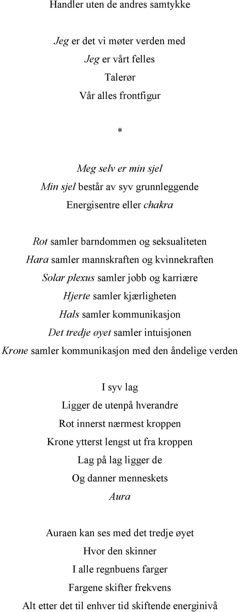 tredje øyet samler intuisjonen Krone samler kommunikasjon med den åndelige verden I syv lag Ligger de utenpå hverandre Rot innerst nærmest kroppen Krone ytterst lengst ut fra kroppen Lag