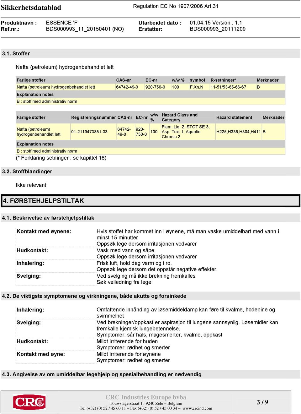 01-2119473851-33 B : stoff med administrativ norm (* Forklaring setninger : se kapittel 16) 64742-49-0 Hazard Class and Category Flam. Liq. 2, STOT SE 3, 920-750-0 100 Asp. Tox.