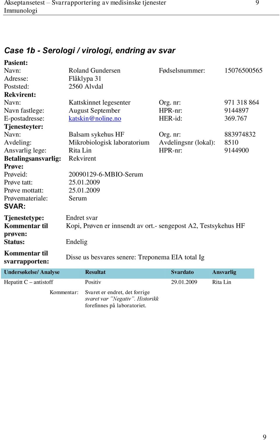 767 Tjenesteyter: Navn: Balsam sykehus HF Org.