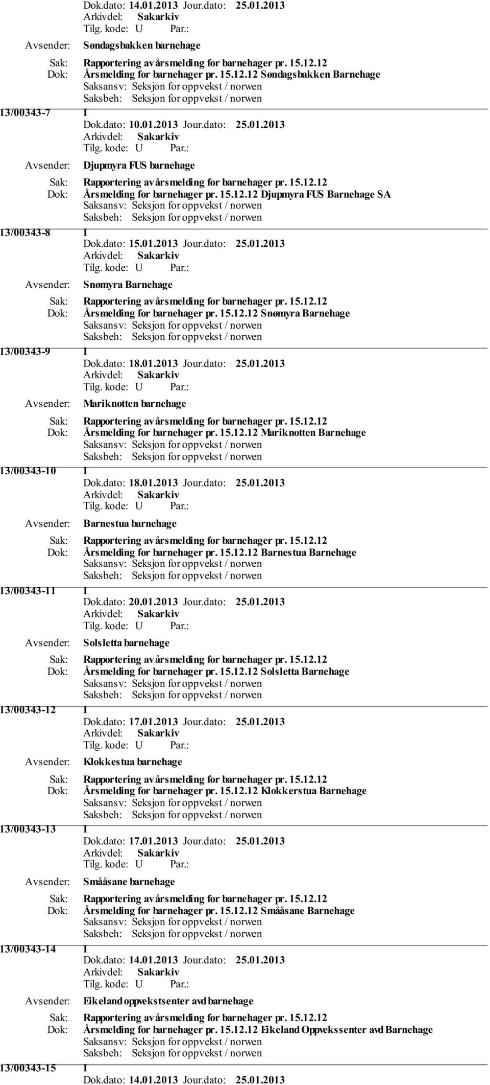 15.12.12 Årsmelding for barnehager pr. 15.12.12 Snømyra Barnehage 13/00343-9 I Dok.dato: 18.01.2013 Jour.dato: 25.01.2013 Mariknotten barnehage Rapportering av årsmelding for barnehager pr. 15.12.12 Årsmelding for barnehager pr. 15.12.12 Mariknotten Barnehage 13/00343-10 I Dok.