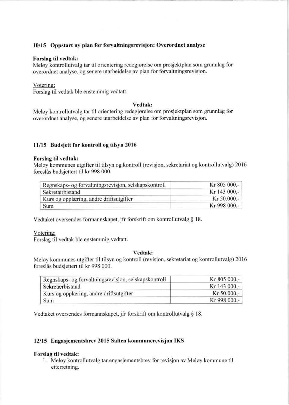 Voterinq: Meloy kontrollutvalg tar til orientering redegjorelse om prosjektplan som grunnlag for overordnet analyse, og senere utarbeidelse  I l/15 Budsjett for kontroll og tilsyn 2016 Meloy kommunes