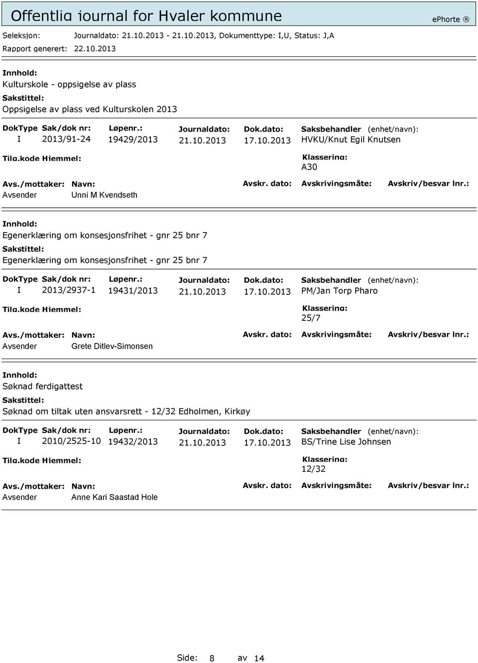 konsesjonsfrihet - gnr 25 bnr 7 2013/2937-1 19431/2013 PM/Jan Torp Pharo 25/7 Avsender Grete Ditlev-Simonsen Søknad ferdigattest