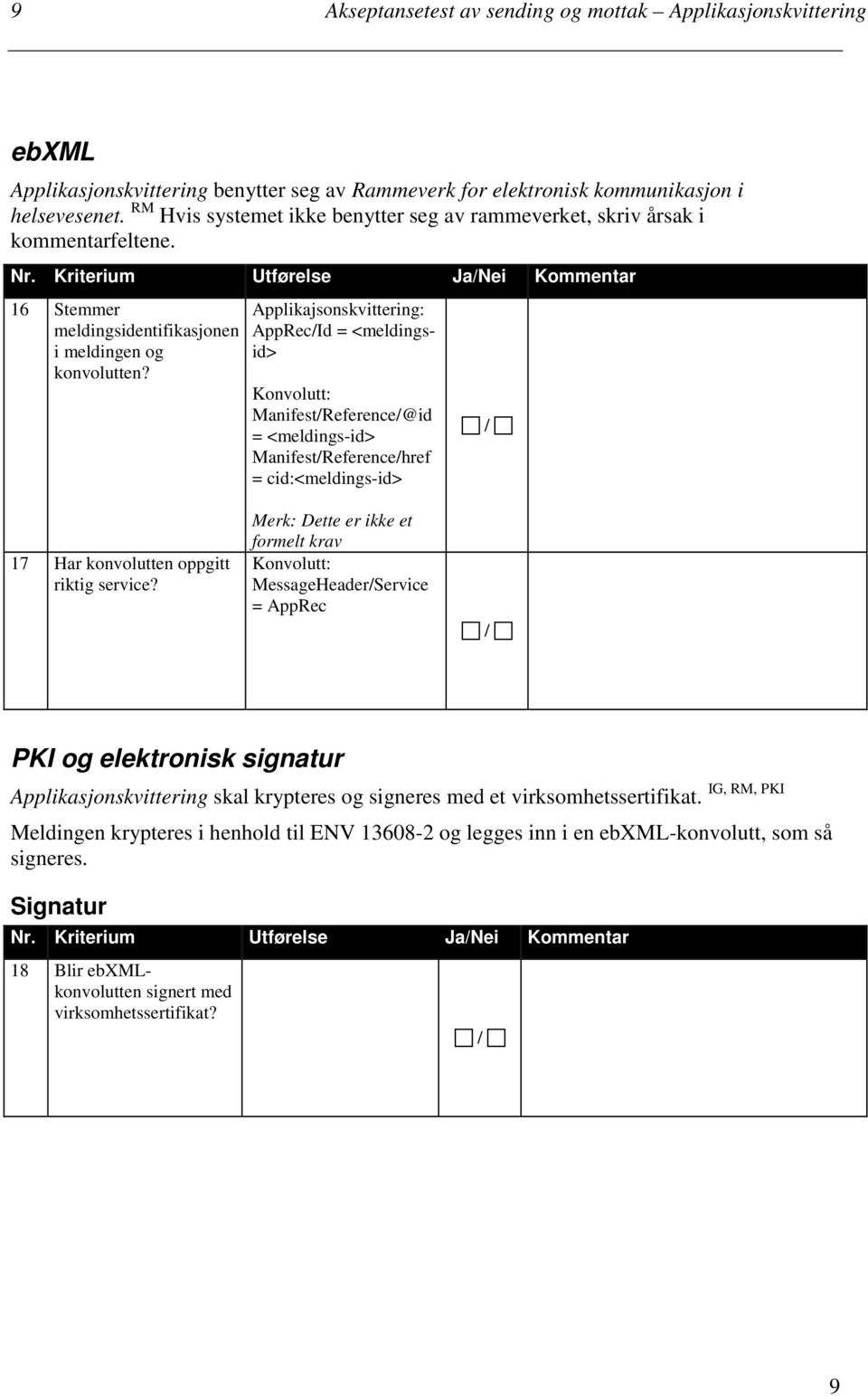 Applikajsonskvittering: AppRecId = <meldingsid> Konvolutt: ManifestReference@id = <meldings-id> ManifestReferencehref = cid:<meldings-id> 17 Har konvolutten oppgitt riktig service?