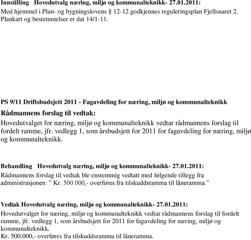 vedlegg 1, som årsbudsjett for 2011 for fagavdeling for næring, miljø og kommunalteknikk. Rådmannens forslag til vedtak ble enstemmig vedtatt med følgende tillegg fra administrasjonen: Kr. 500.