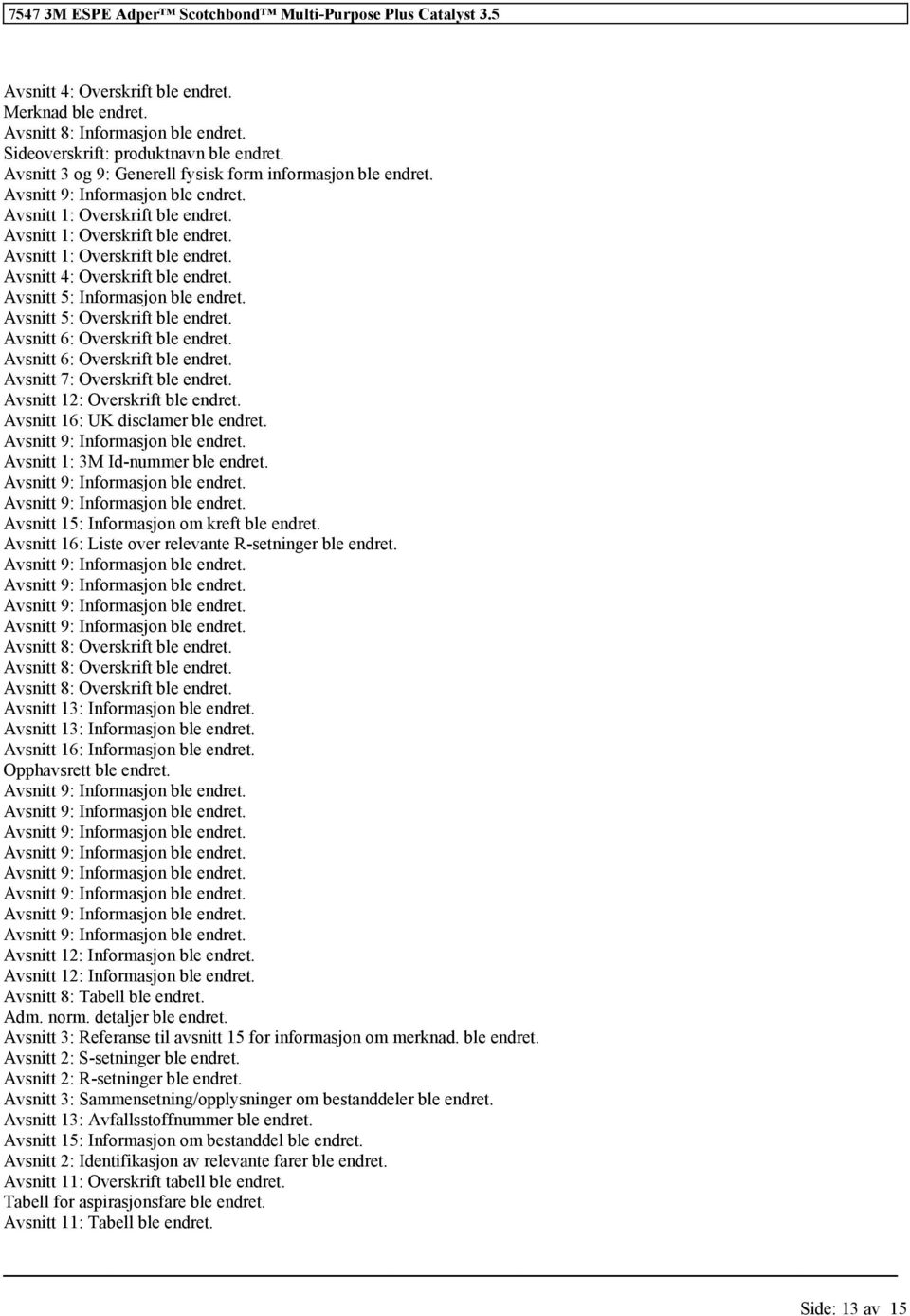 Avsnitt 5: Overskrift ble endret. Avsnitt 6: Overskrift ble endret. Avsnitt 6: Overskrift ble endret. Avsnitt 7: Overskrift ble endret. Avsnitt 12: Overskrift ble endret.