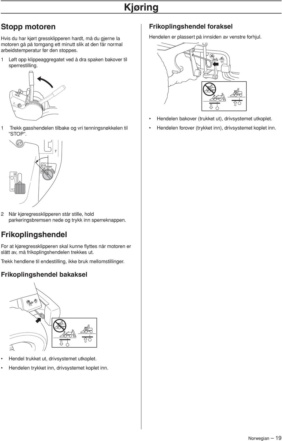 Hendelen bakover (trukket ut), drivsystemet utkoplet. 1 Trekk gasshendelen tilbake og vri tenningsnøkkelen til STOP. Hendelen forover (trykket inn), drivsystemet koplet inn.