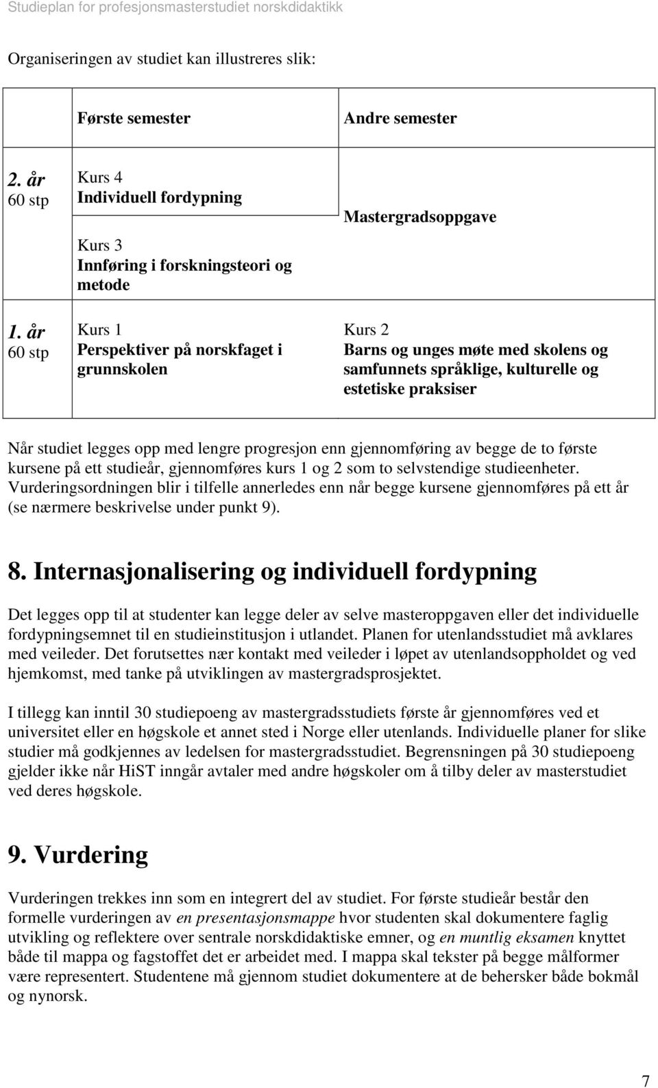 samfunnets språklige, kulturelle og estetiske praksiser Når studiet legges opp med lengre progresjon enn gjennomføring av begge de to første kursene på ett studieår, gjennomføres kurs 1 og 2 som to