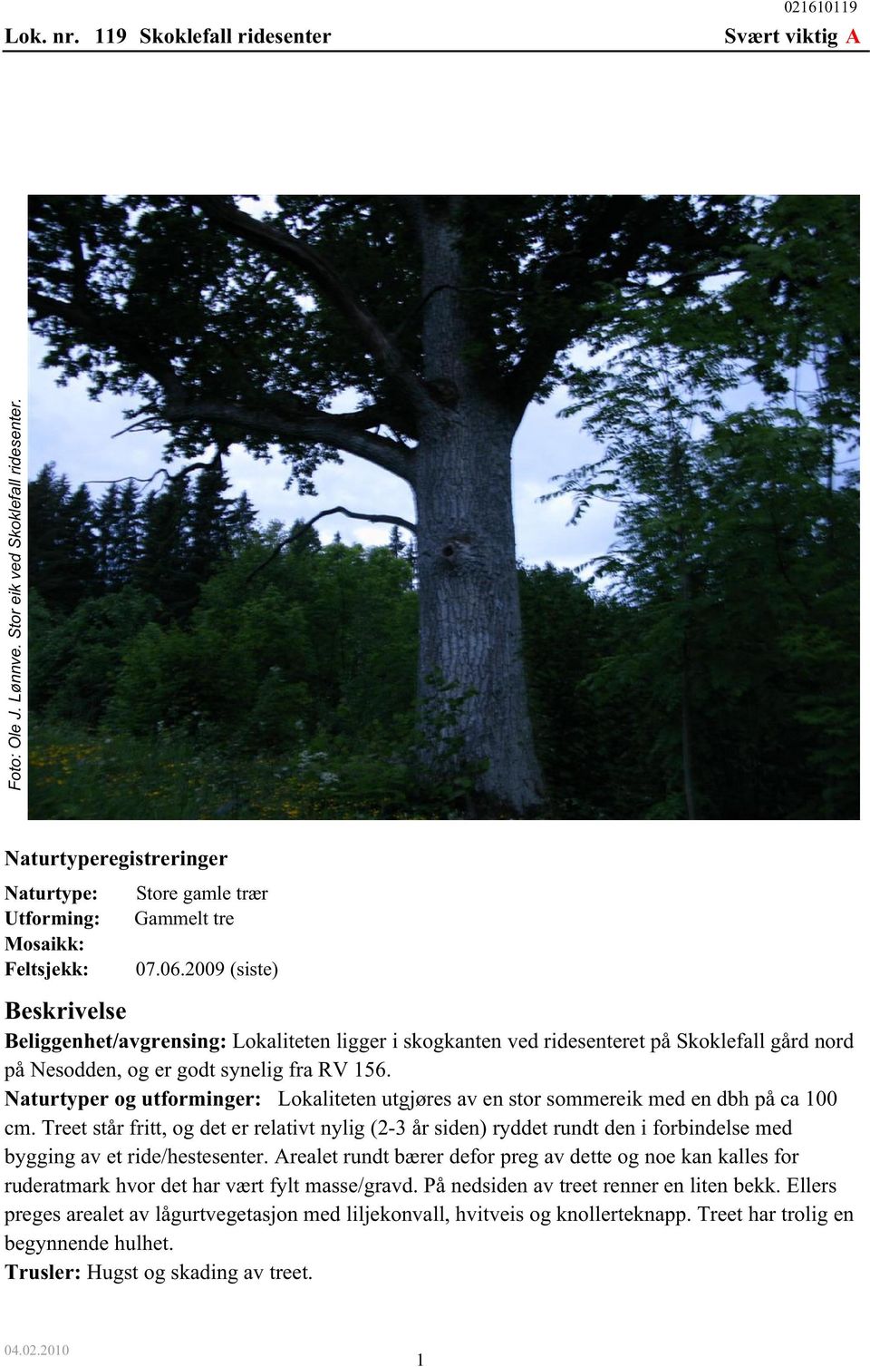2009 (siste) Beskrivelse Beliggenhet/avgrensing: Lokaliteten ligger i skogkanten ved ridesenteret på Skoklefall gård nord på Nesodden, og er godt synelig fra RV 156.