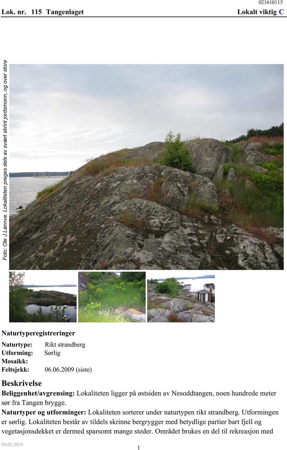 06.2009 (siste) Beskrivelse Beliggenhet/avgrensing: Lokaliteten ligger på østsiden av Nesoddtangen, noen hundrede meter sør fra Tangen brygge.