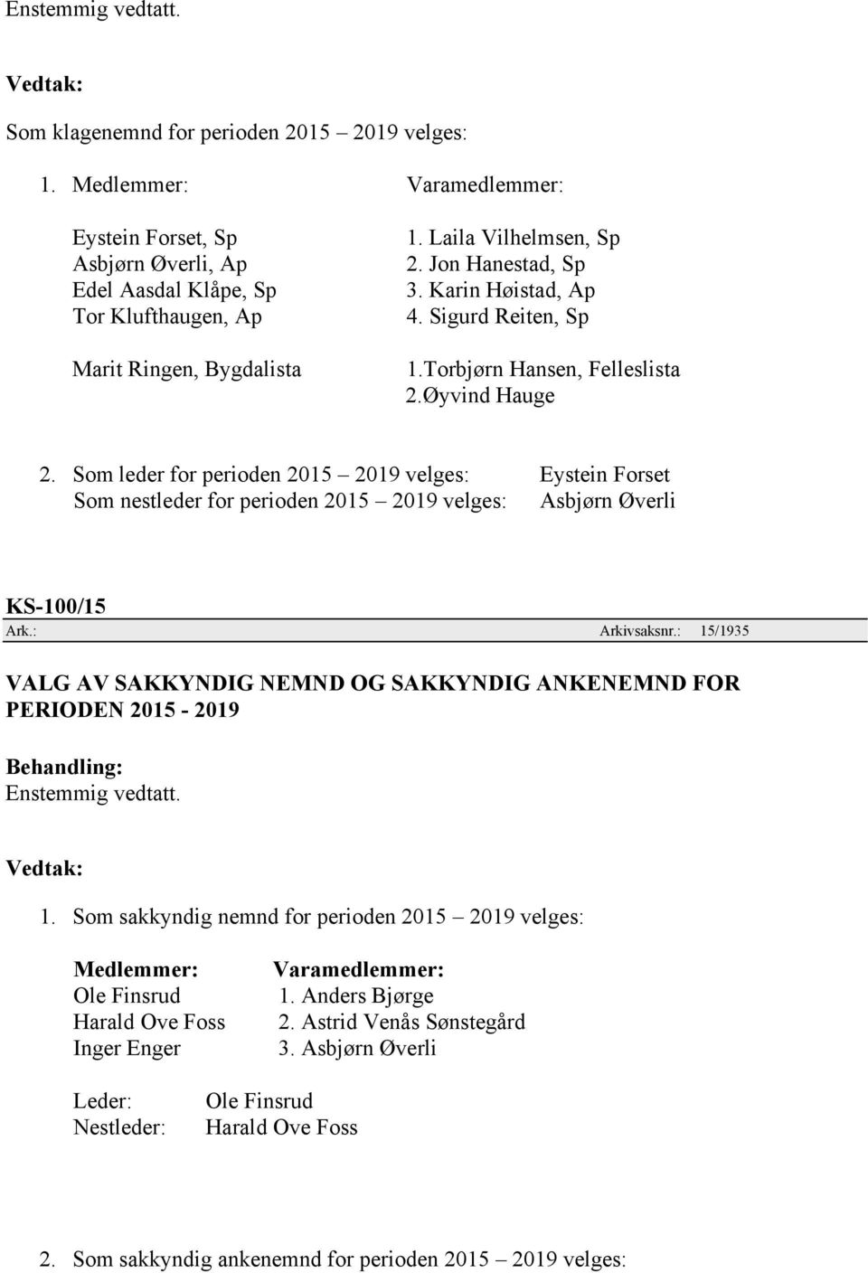 Som leder for perioden 2015 2019 velges: Eystein Forset Som nestleder for perioden 2015 2019 velges: Asbjørn Øverli KS-100/15 Ark.: Arkivsaksnr.