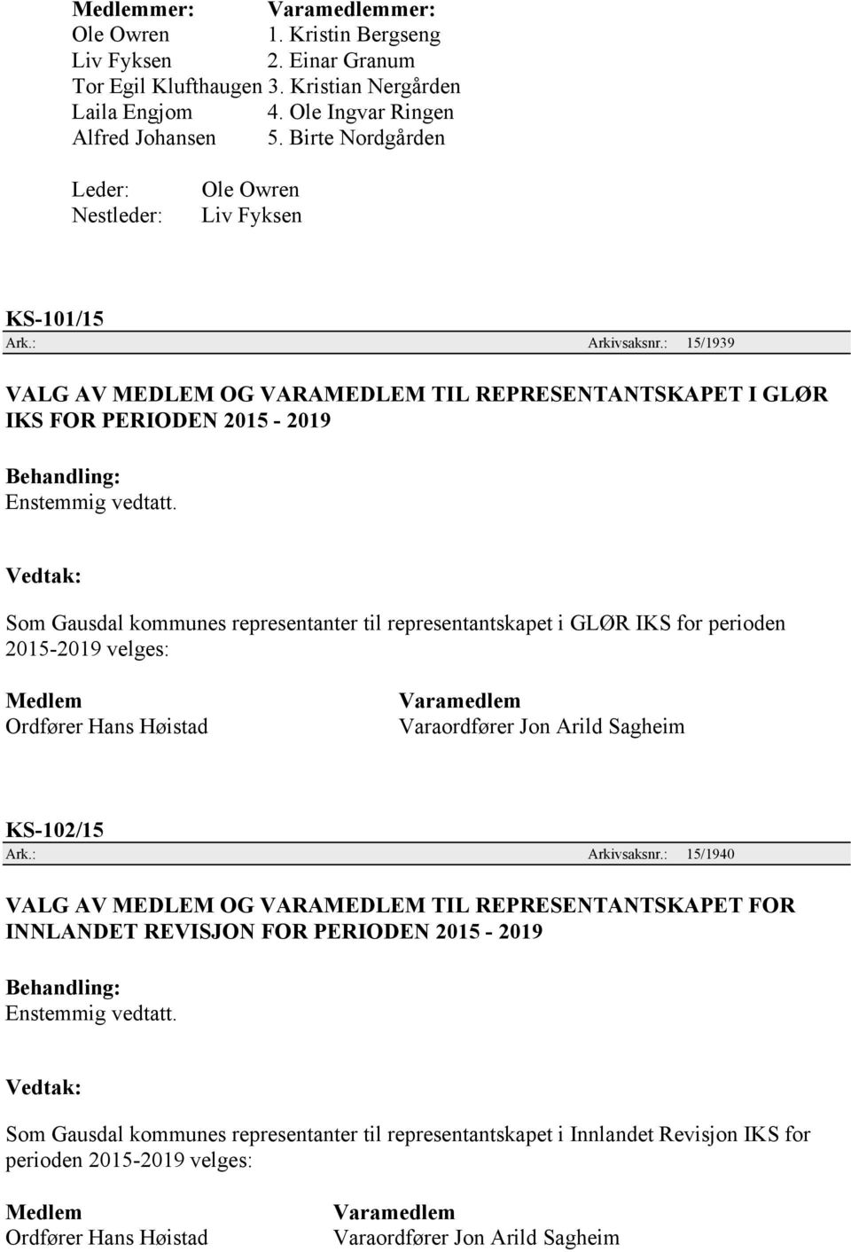 : 15/1939 VALG AV MEDLEM OG VARAMEDLEM TIL REPRESENTANTSKAPET I GLØR IKS FOR PERIODEN 2015-2019 Som Gausdal kommunes representanter til representantskapet i GLØR IKS for perioden 2015-2019 velges: