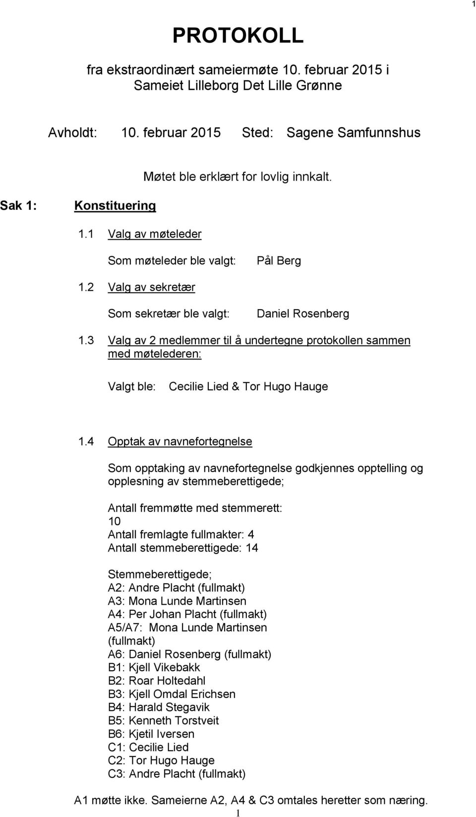 3 Valg av 2 medlemmer til å undertegne protokollen sammen med møtelederen: Valgt ble: Cecilie Lied & Tor Hugo Hauge 1.