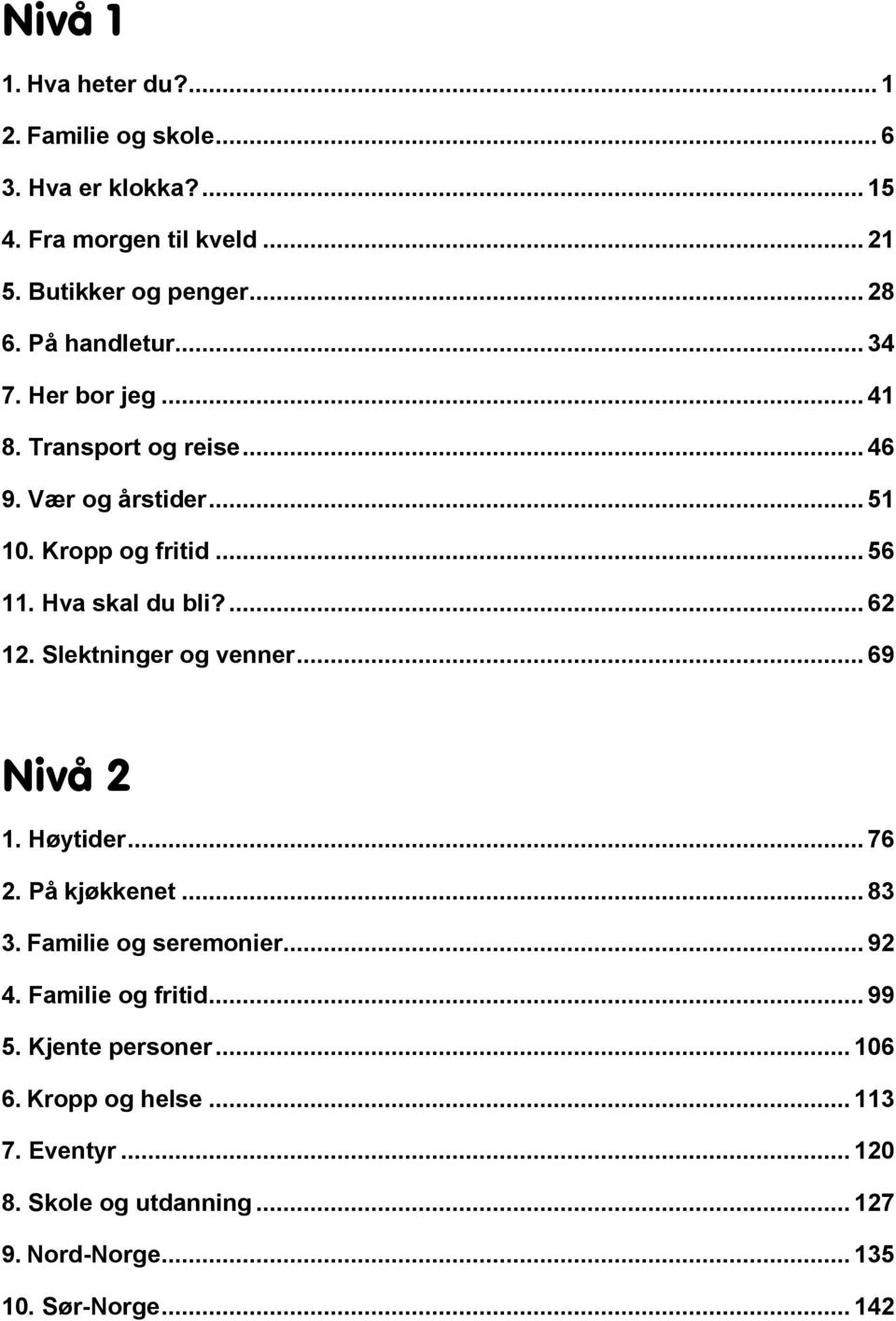 ... 62 12. Slektninger og venner... 69 Nivå 2 1. Høytider... 76 2. På kjøkkenet... 83 3. Familie og seremonier... 92 4. Familie og fritid.