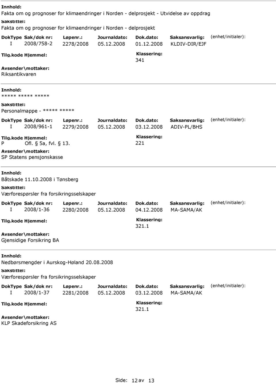 pensjonskasse Båtskade 11.10.2008 i Tønsberg Værforespørsler fra forsikringsselskaper 2008/1-36 2280/2008 321.