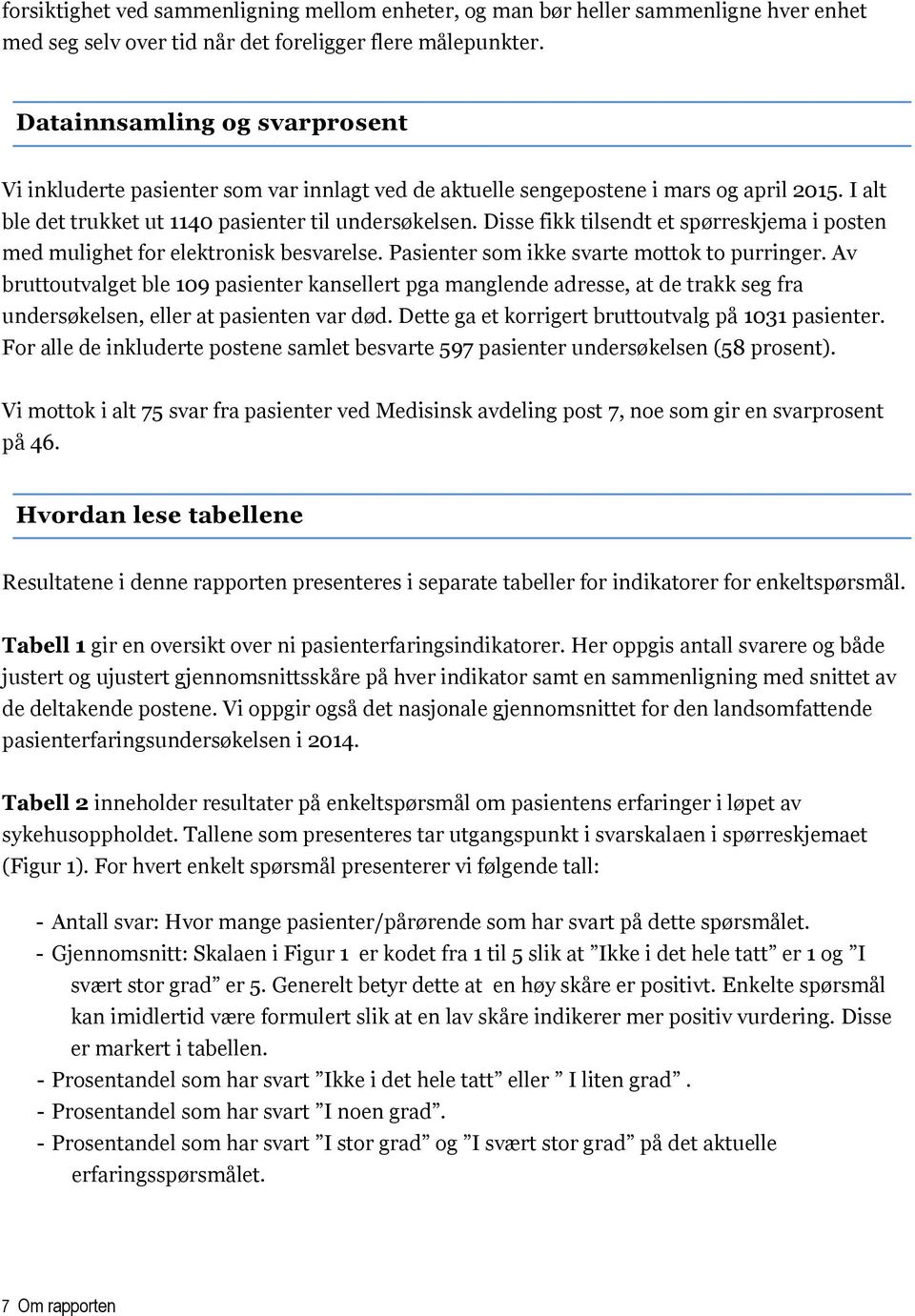 Disse fikk tilsendt et spørreskjema i posten med mulighet for elektronisk besvarelse. Pasienter som ikke svarte mottok to purringer.