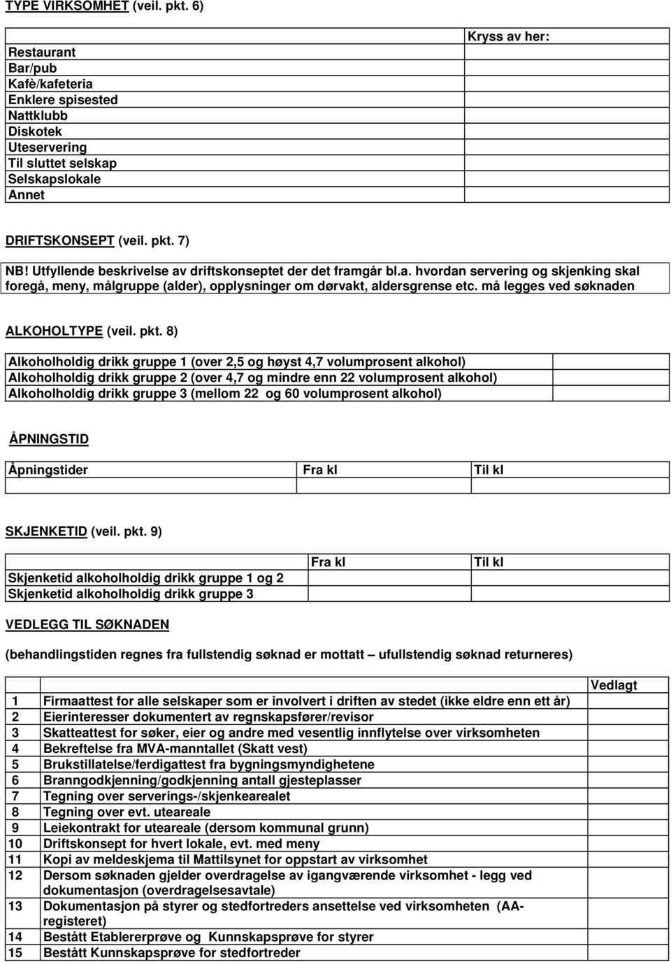 må legges ved søknaden ALKOHOLTYPE (veil. pkt.