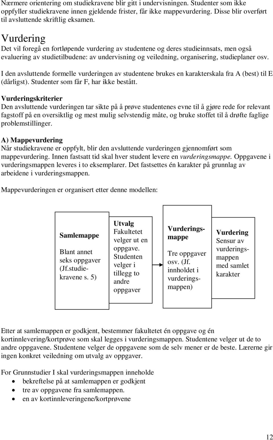 Vurdering Det vil foregå en fortløpende vurdering av studentene og deres studieinnsats, men også evaluering av studietilbudene: av undervisning og veiledning, organisering, studieplaner osv.