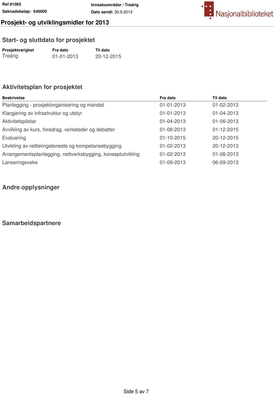 Avvikling av kurs, foredrag, verksteder og debatter 01-08-2013 01-12-2015 Evaluering 01-10-2015 20-12-2015 Utvikling av rettleiingsteneste og kompetansebygging