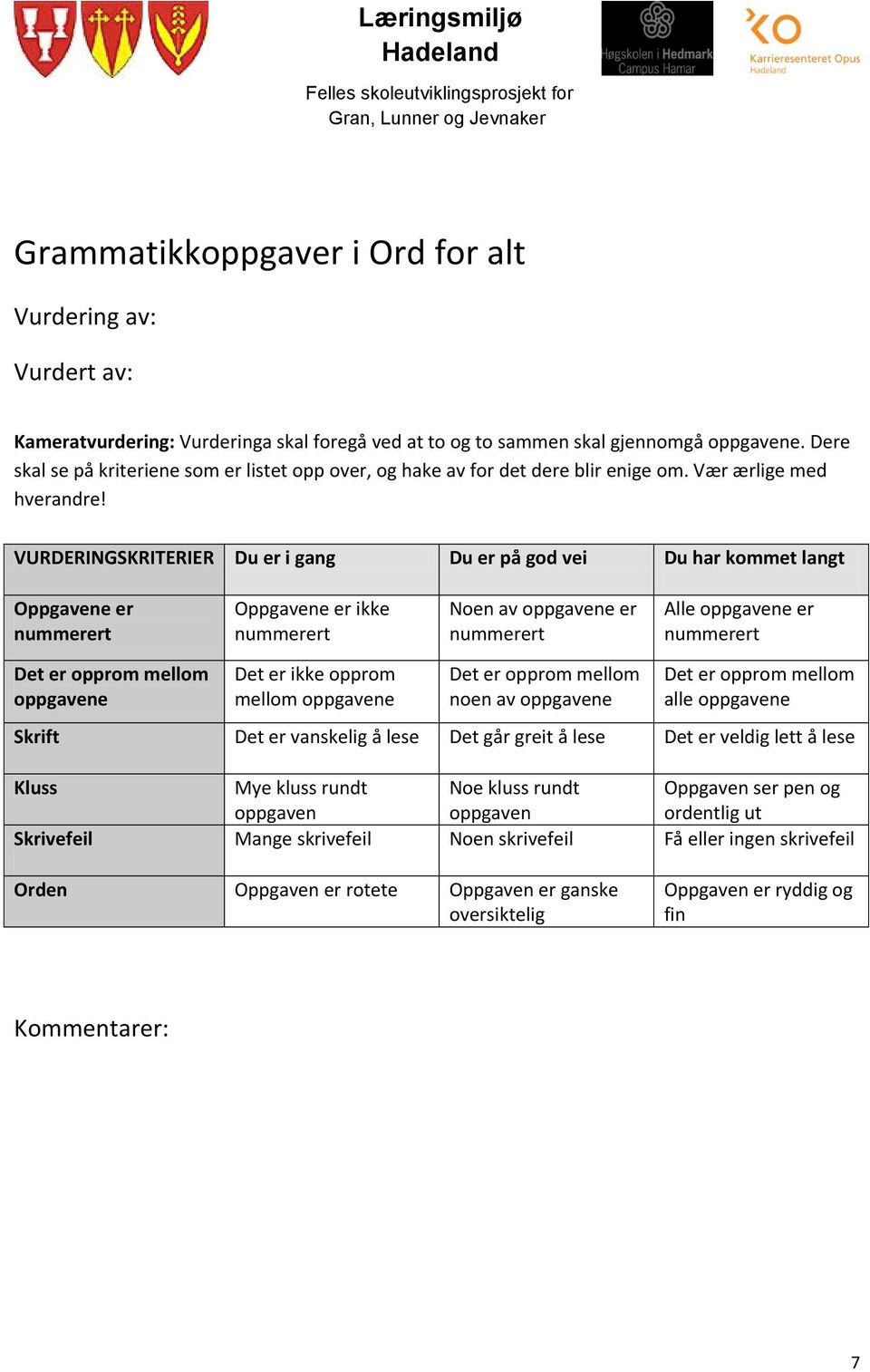 VURDERINGSKRITERIER Du er i gang Du er på god vei Du har kommet langt Oppgavene er Oppgavene er ikke Noen av oppgavene er Alle oppgavene er Det er opprom mellom oppgavene Det er ikke opprom mellom