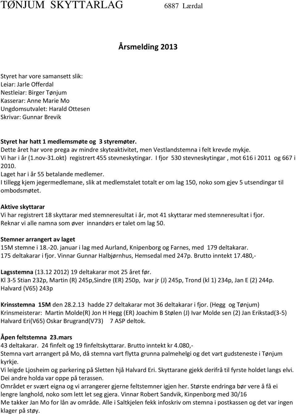 okt) registrert 455 stevneskytingar. I fjor 530 stevneskytingar, mot 616 i 2011 og 667 i 2010. Laget har i år 55 betalande medlemer.