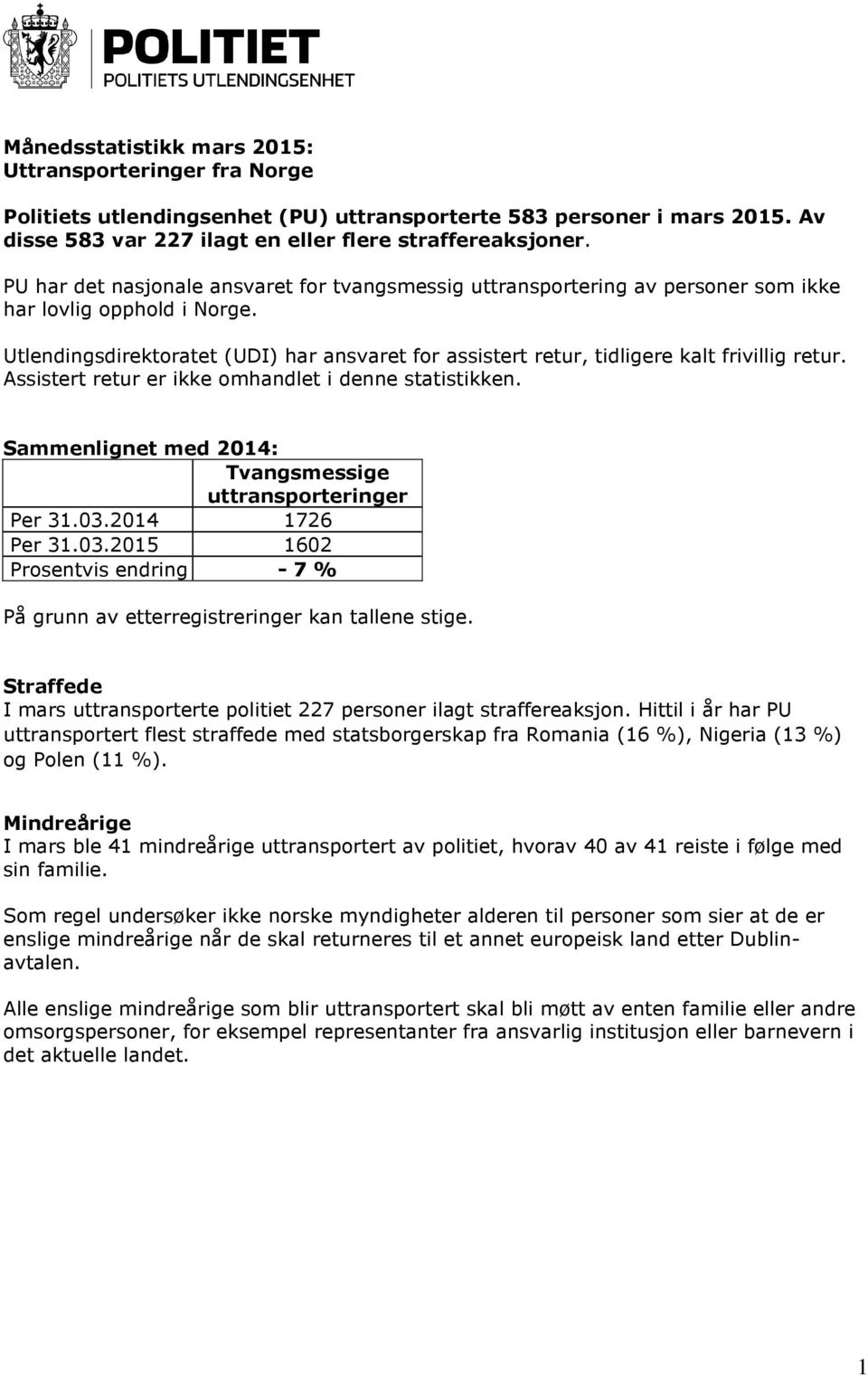 Utlendingsdirektoratet (UDI) har ansvaret for assistert retur, tidligere kalt frivillig retur. Assistert retur er ikke omhandlet i denne statistikken.