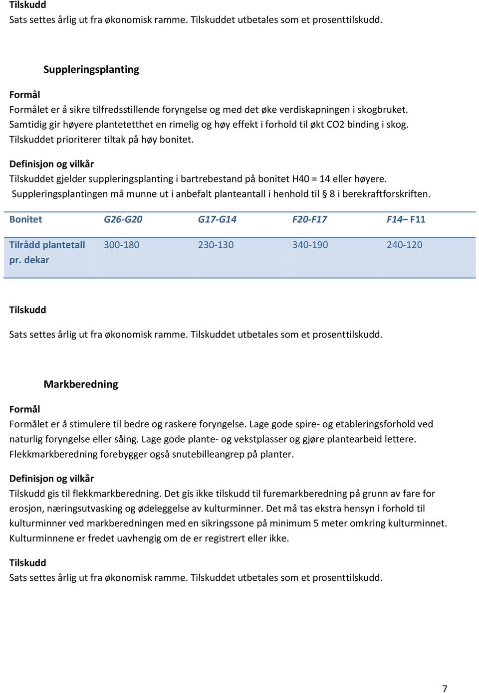 et gjelder suppleringsplanting i bartrebestand på bonitet H40 = 14 eller høyere. Suppleringsplantingen må munne ut i anbefalt planteantall i henhold til 8 i berekraftforskriften.