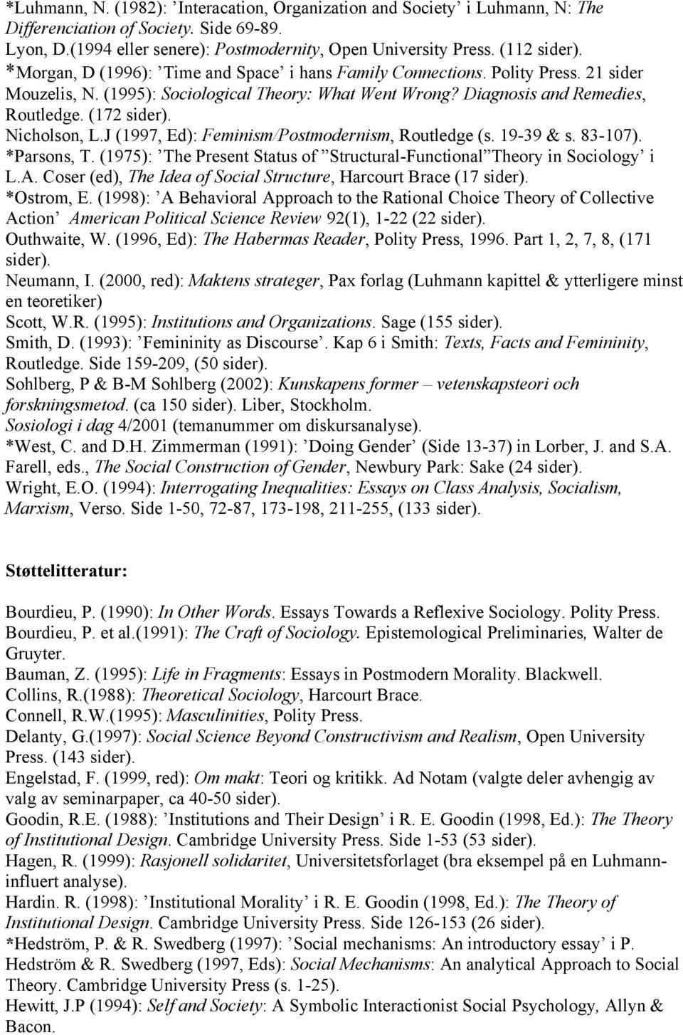 (172 Nicholson, L.J (1997, Ed): Feminism/Postmodernism, Routledge (s. 19-39 & s. 83-107). *Parsons, T. (1975): The Present Status of Structural-Functional Theory in Sociology i L.A.