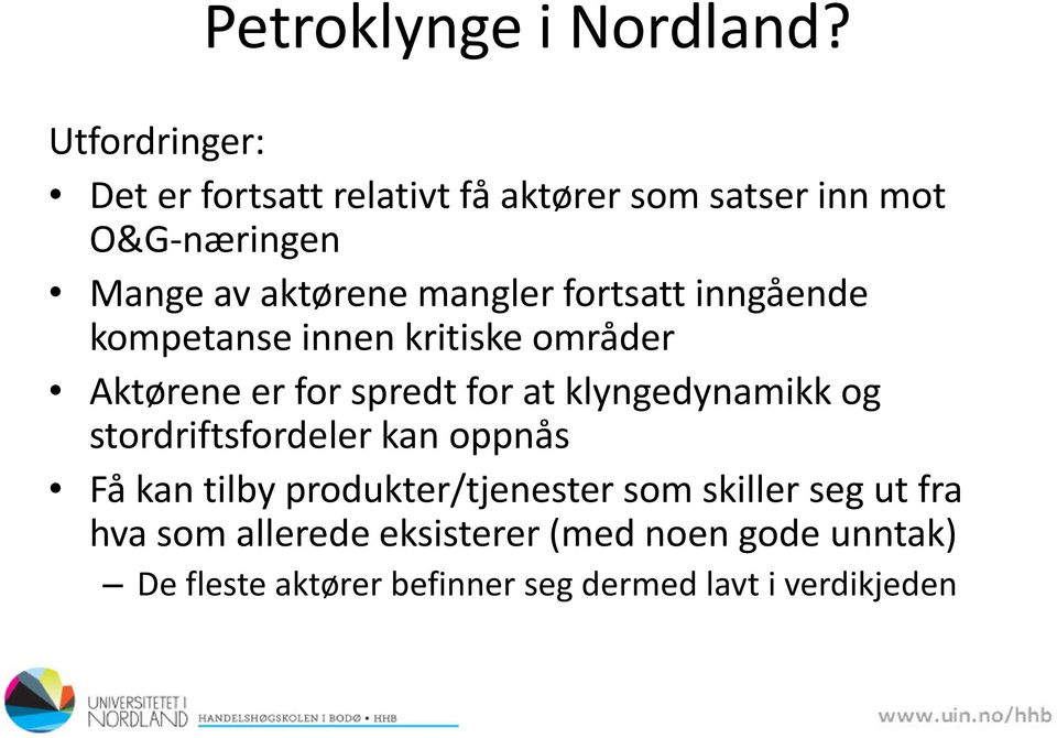 mangler fortsatt inngående kompetanse innen kritiske områder Aktørene er for spredt for at klyngedynamikk