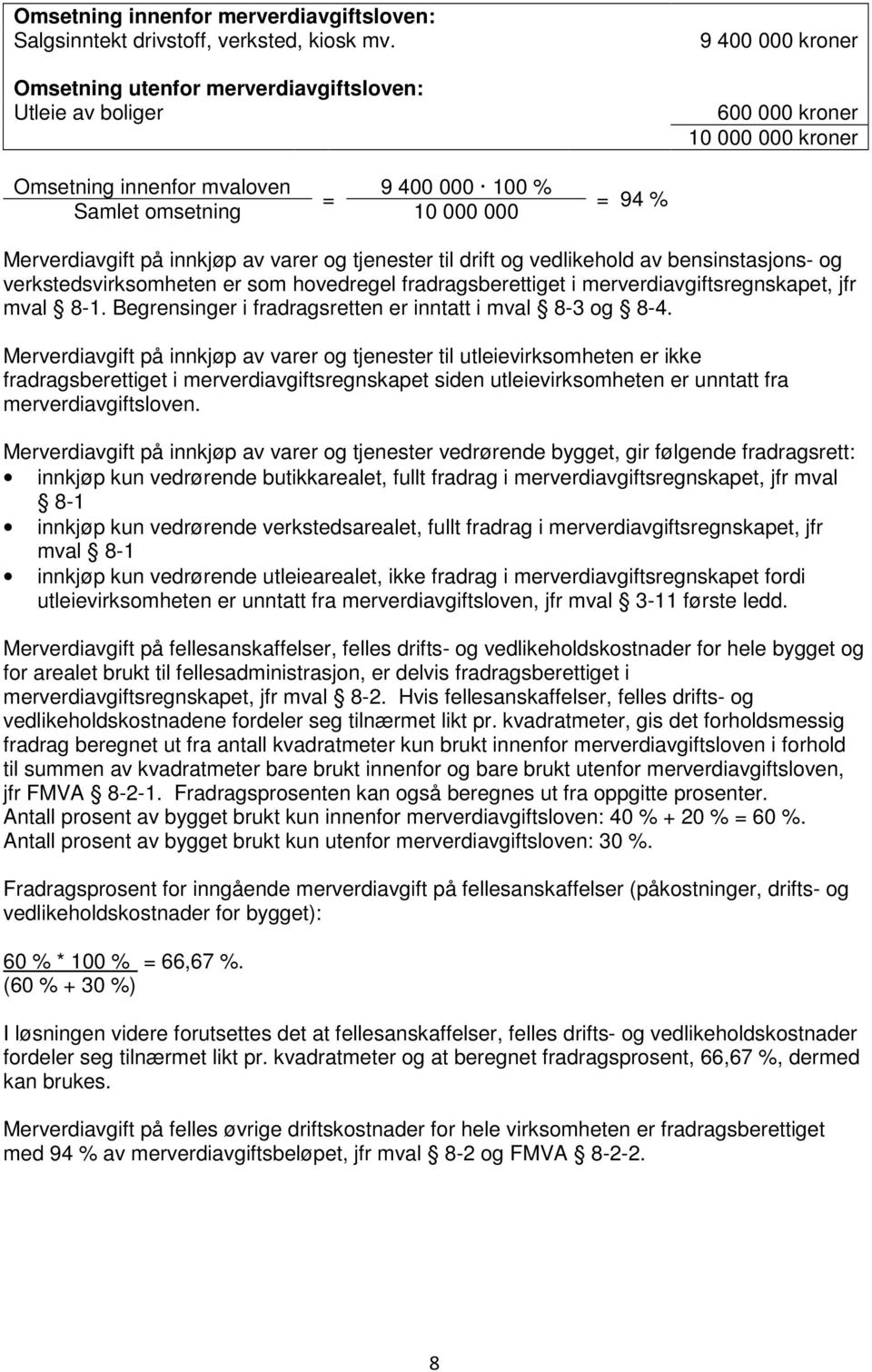 Merverdiavgift på innkjøp av varer og tjenester til drift og vedlikehold av bensinstasjons- og verkstedsvirksomheten er som hovedregel fradragsberettiget i merverdiavgiftsregnskapet, jfr mval 8-1.