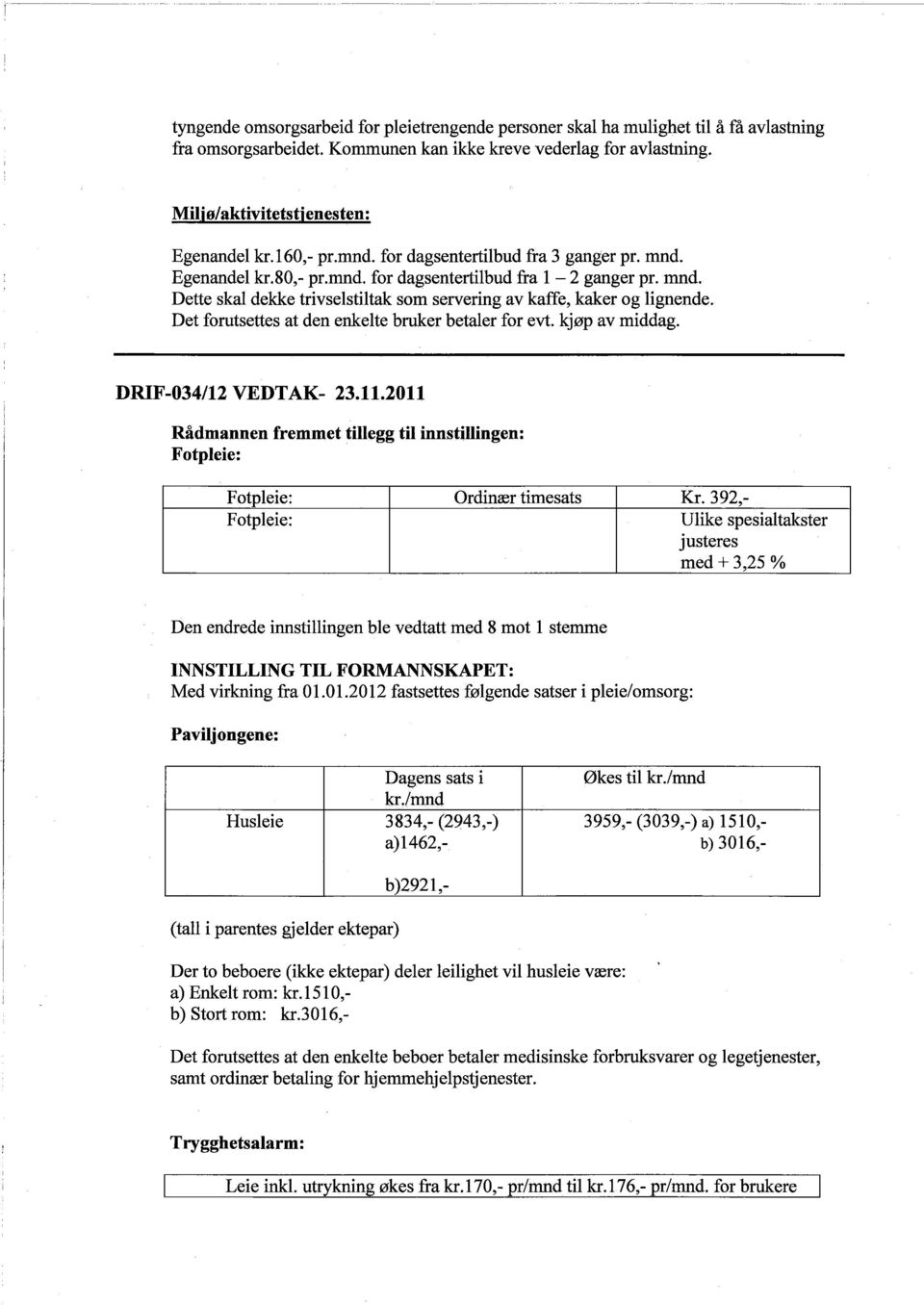 Det forutsettes at den enkelte bruer betaler for evt. kjøp av middag. DRIF-034/12 VEDTAK- 23.11.2011 Rådmannen fremmet tilegg til innstilingen: Ordinær timesats Kr.