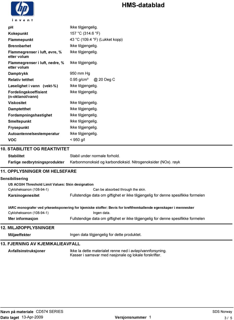 95 g/cm³ @ 20 Deg C Løselighet i vann (vekt-%) Fordelingskoeffisient (n-oktanol/vann) Viskositet Damptetthet Fordampningshastighet Smeltepunkt Frysepunkt Autoantennelsestemperatur VOC 10.