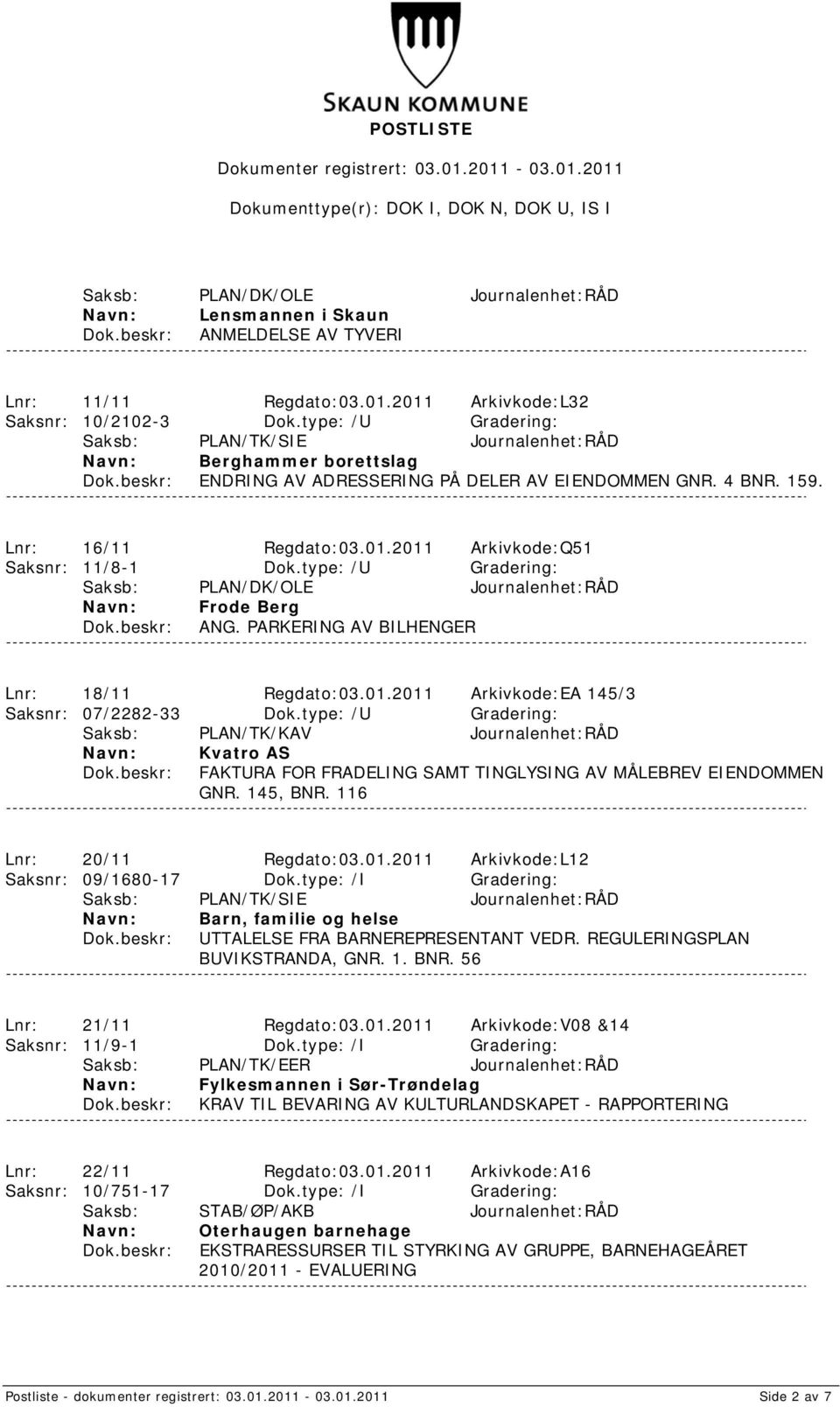 2011 Arkivkode:Q51 Saksnr: 11/8-1 Dok.type: /U Gradering: Saksb: PLAN/DK/OLE Journalenhet:RÅD Frode Berg ANG. PARKERING AV BILHENGER Lnr: 18/11 Regdato:03.01.2011 Arkivkode:EA 145/3 Saksnr: 07/2282-33 Dok.