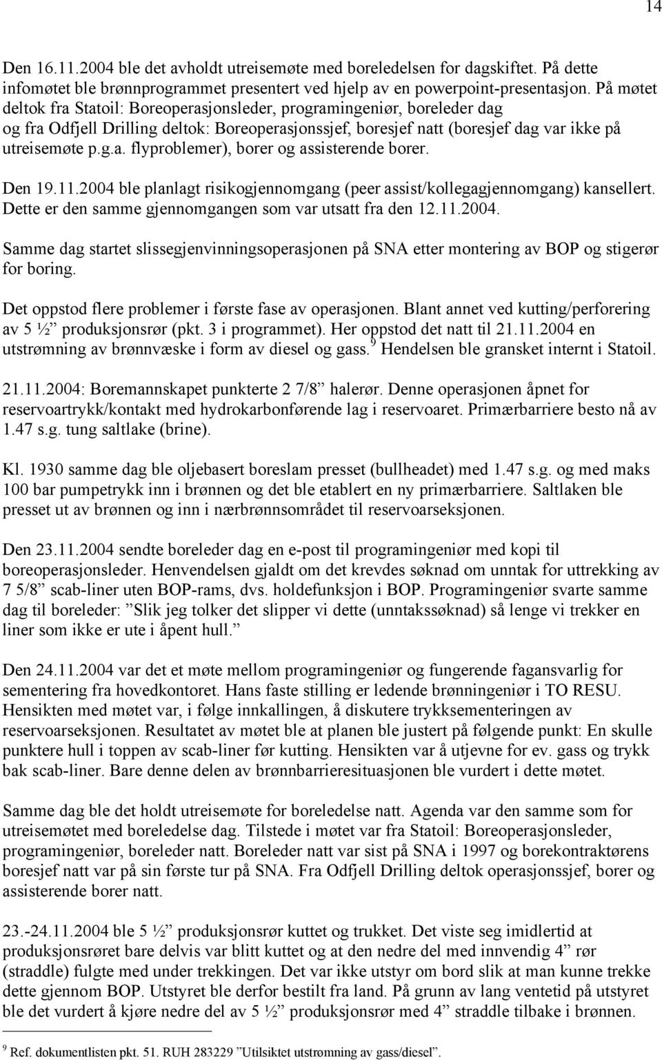 Den 19.11.2004 ble planlagt risikogjennomgang (peer assist/kollegagjennomgang) kansellert. Dette er den samme gjennomgangen som var utsatt fra den 12.11.2004. Samme dag startet slissegjenvinningsoperasjonen på SNA etter montering av BOP og stigerør for boring.